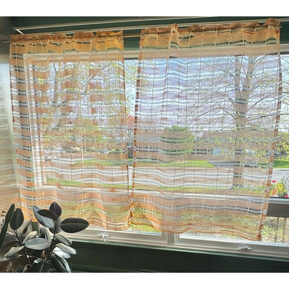Vintage 70s curtain, orange white open weave, large stripes, per panel - Picture 2 of 10